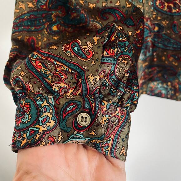 BEAUTIFUL QUEENIE Vtg‎ Paisley 100% Silk Blouse-Button Back-80's 90's- Olive-16 - Picture 4 of 8